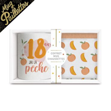 Coffret Mug et Chaussettes 18 ans “J’ai la pêche”, décor pêches et couleurs vitaminées | jourdefete.com Coffret Mug et Chaussettes 18 ans “J’ai la pêche”, décor pêches et couleurs vitaminées | jourdefete.com