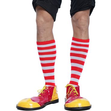 Jambes portant des chaussettes montantes de clown à rayures horizontales rouges et blanches | jourdefete.com
