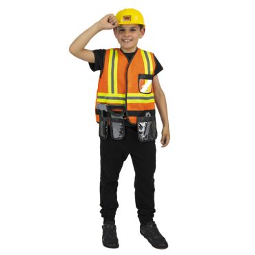 Enfant portant un costume de petit chef de chantier avec gilet orange, casque jaune et accessoires | jourdefete.com
