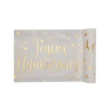 Chemin de Table "Joyeux Anniversaire" - Blanc / Or Chemin de Table "Joyeux Anniversaire" - Blanc / Or