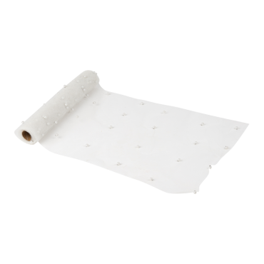 Chemin de table en organza blanc et perles pour une table raffinée | jourdefete.com Chemin de table en organza blanc et perles pour une table raffinée | jourdefete.com