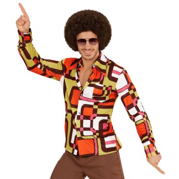Homme portant une chemise disco rétro à motifs géométriques oranges et marron | jourdefete.com Homme portant une chemise disco rétro à motifs géométriques oranges et marron | jourdefete.com