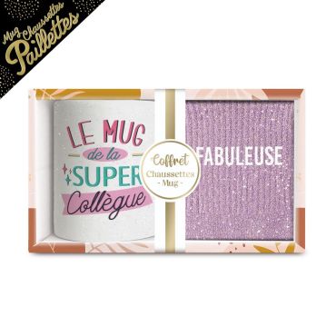 Coffret cadeau mug "Super Collègue" et chaussettes pailletées "Fabuleuse" | jourdefete.com Coffret cadeau mug "Super Collègue" et chaussettes pailletées "Fabuleuse" | jourdefete.com