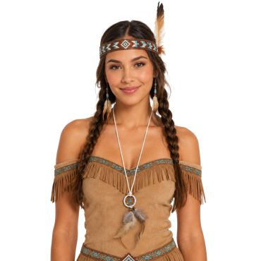 Jeune femme en costume d'amérindienne portant un collier avec pendentif attrape-rêves et plumes | jourdefete.com Jeune femme en costume d'amérindienne portant un collier avec pendentif attrape-rêves et plumes | jourdefete.com