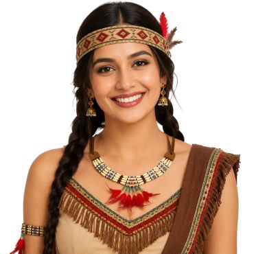 Une jeune femme souriante portant un collier orné de perles et de plumes rouges | jourdefete.com Une jeune femme souriante portant un collier orné de perles et de plumes rouges | jourdefete.com