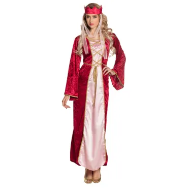 Femme déguisée en dame médiévale rouge vue de face, robe élégante ornée de dorures et couronne assortie.