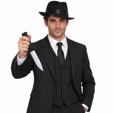Homme en costume de gangster tenant un faux couteau rétractable de 18 cm | jourdefete.com Homme en costume de gangster tenant un faux couteau rétractable de 18 cm | jourdefete.com