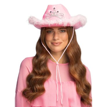 Femme portant un chapeau de cowgirl rose avec diadème lumineux LED et bordure en boa de plumes | jourdefete.com Femme portant un chapeau de cowgirl rose avec diadème lumineux LED et bordure en boa de plumes | jourdefete.com