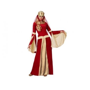 Déguisement de dame médiévale rouge et or pour femme avec robe longue à manches évasées, ceinture dorée et couronne, vue de face. | Jourdefete.com Déguisement de dame médiévale rouge et or pour femme avec robe longue à manches évasées, ceinture dorée et couronne, vue de face. | Jourdefete.com