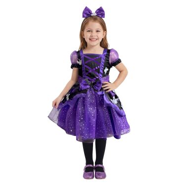 Petite fille souriante portant un déguisement d'Halloween de sorcière violet et noir avec des petits motifs de fantômes | jourdefete.com