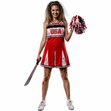Femme portant un déguisement de pom-pom girl zombie sanglante pour Halloween | jourdefete.com Femme portant un déguisement de pom-pom girl zombie sanglante pour Halloween | jourdefete.com