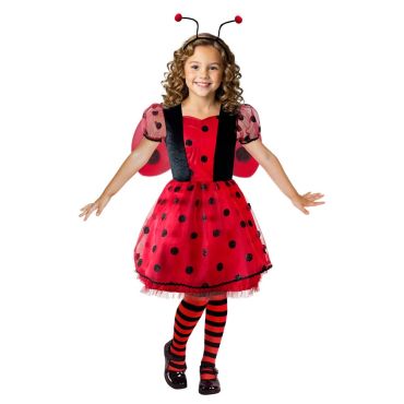 Enfant déguisée en coccinelle avec robe rouge à pois et ailes | jourdefete.com