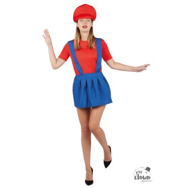 Femme en déguisement de plombier rouge et bleu avec casquette | jourdefete.com