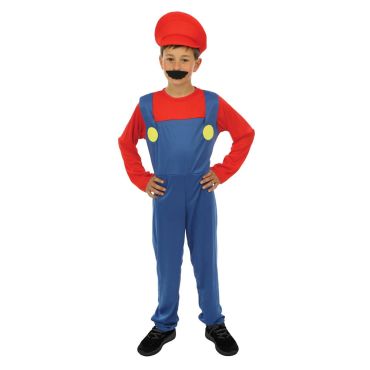 Enfant déguisé en plombier rouge et bleu avec casquette et moustache | jourdefete.com