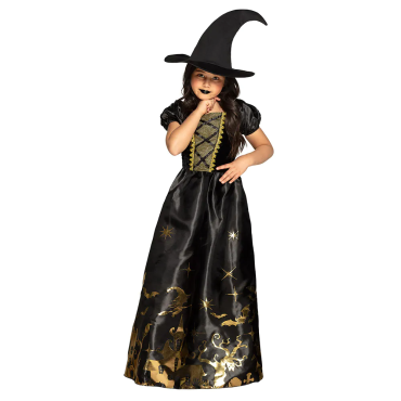 Fille portant un déguisement de sorcière d'Halloween noir avec des motifs dorés brillants et un chapeau pointu | jourdefete.com Fille portant un déguisement de sorcière d'Halloween noir avec des motifs dorés brillants et un chapeau pointu | jourdefete.com
