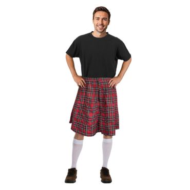 Déguisement homme en kilt écossais rouge avec t-shirt noir | jourdefete.com Déguisement homme en kilt écossais rouge avec t-shirt noir | jourdefete.com