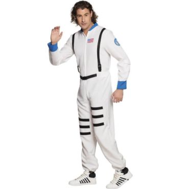 Déguisement homme vue de face d'un astronaute blanc avec écusson NASA et salopette à bretelles noires. Déguisement homme vue de face d'un astronaute blanc avec écusson NASA et salopette à bretelles noires.