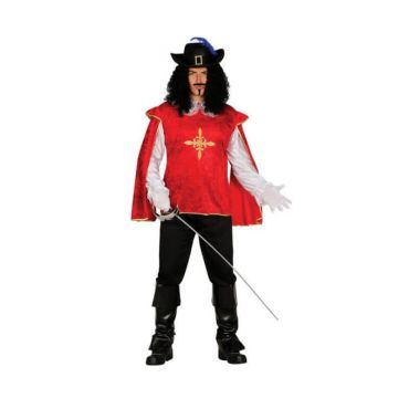 Déguisement de mousquetaire homme rouge avec tunique ornée d’une croix dorée, pantalon noir, bottes et chapeau à plume, vue de face Déguisement de mousquetaire homme rouge avec tunique ornée d’une croix dorée, pantalon noir, bottes et chapeau à plume, vue de face