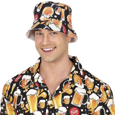 Chapeau bob noir imprimé chopes de bière pour déguisement Fête de la bière Oktoberfest | jourdefete.com