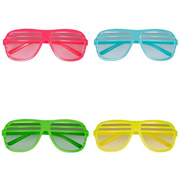 Quatre paires de lunettes à grille fluo style années 80 en rose, bleu, vert et jaune | jourdefete.com Quatre paires de lunettes à grille fluo style années 80 en rose, bleu, vert et jaune | jourdefete.com