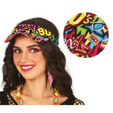 Visière fluo imprimée années 90 avec graffitis et éléments pop colorés | jourdefete.com Visière fluo imprimée années 90 avec graffitis et éléments pop colorés | jourdefete.com