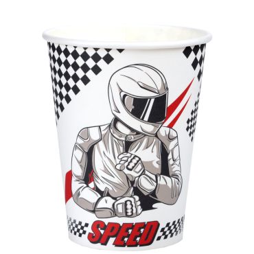 Gobelets en carton Formule 1 avec pilote casqué et motifs à damier | jourdefete.com
