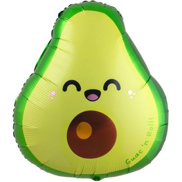 Ballon aluminium en forme d'avocat kawaii souriant avec texte Guac'n Roll pour décoration de fête | jourdefete.com