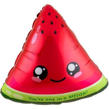 Ballon métallisé part de pastèque rouge kawaii avec grands yeux et inscription You're one in a MELON | jourdefete.com