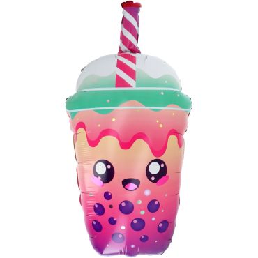 Ballon en aluminium en forme de gobelet Bubble Tea kawaii rose et violet avec visage souriant | jourdefete.com