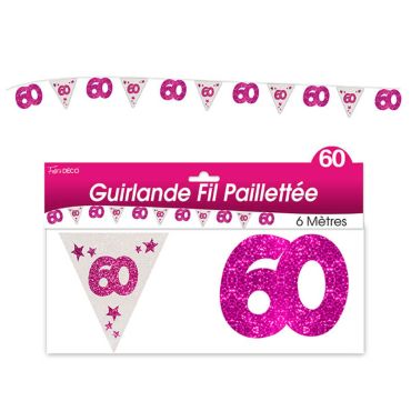 Guirlande pailletée d’anniversaire "60" - Rose et argenté Guirlande pailletée d’anniversaire "60" - Rose et argenté