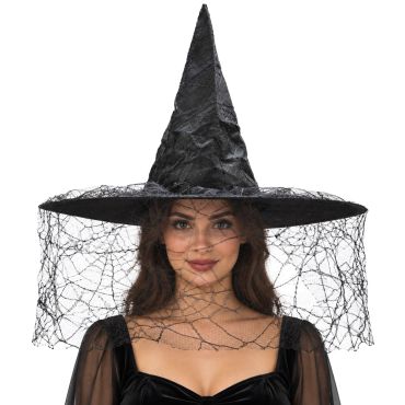 Chapeau de sorcière gothique noir avec voilette imprimé toile d'araignée pour fête costumée | jourdefete.com Chapeau de sorcière gothique noir avec voilette imprimé toile d'araignée pour fête costumée | jourdefete.com