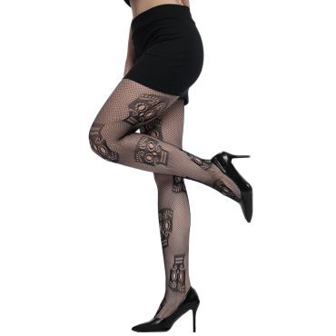Collant résille noir motif tête de mort Halloween | jourdefete.com Collant résille noir motif tête de mort Halloween | jourdefete.com