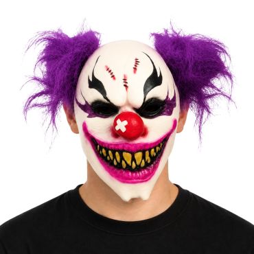 Masque de clown tueur blanc avec cheveux violets ébouriffés et grand sourire effrayant pour Halloween | jourdefete.com Masque de clown tueur blanc avec cheveux violets ébouriffés et grand sourire effrayant pour Halloween | jourdefete.com