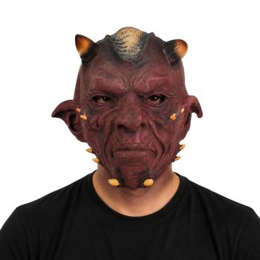 Masque en latex démon rouge d'Halloween avec cornes et pointes | jourdefete.com