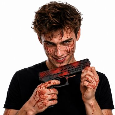 Pistolet factice noir et rouge couvert de faux sang pour déguisement de tueur Halloween | jourdefete.com Pistolet factice noir et rouge couvert de faux sang pour déguisement de tueur Halloween | jourdefete.com