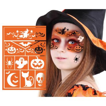 Enfant maquillée pour Halloween avec des motifs de sorcière réalisés à l’aide d’un pochoir | jourdefete.com Enfant maquillée pour Halloween avec des motifs de sorcière réalisés à l’aide d’un pochoir | jourdefete.com