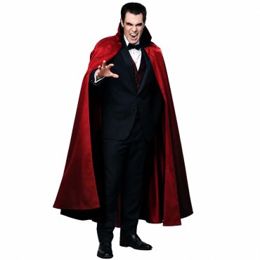 Homme portant un costume de vampire élégant avec une longue cape réversible rouge et noire pour Halloween | jourdefete.com Homme portant un costume de vampire élégant avec une longue cape réversible rouge et noire pour Halloween | jourdefete.com