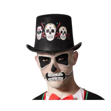 Chapeau haut de forme noir et ses têtes de mort Halloween | jourdefete.com Chapeau haut de forme noir et ses têtes de mort Halloween | jourdefete.com