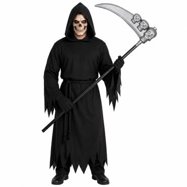 Déguisement de Faucheuse avec une grande faux noire et argentée ornée de crânes pour Halloween | jourdefete.com Déguisement de Faucheuse avec une grande faux noire et argentée ornée de crânes pour Halloween | jourdefete.com
