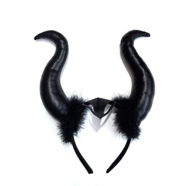 Serre-tête Halloween avec cornes noires façon Maléfique et plumes | jourdefete.com