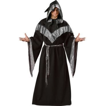 Homme en costume de sorcier sombre noir et gris avec capuche pour Halloween | jourdefete.com Homme en costume de sorcier sombre noir et gris avec capuche pour Halloween | jourdefete.com