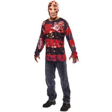Costume d'Halloween complet pour homme avec t-shirt rayé rouge et noir et masque brûlé de Freddy Krueger | jourdefete.com Costume d'Halloween complet pour homme avec t-shirt rayé rouge et noir et masque brûlé de Freddy Krueger | jourdefete.com