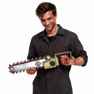Homme souriant en combinaison tenant une tronçonneuse factice d'Halloween de 60 cm avec du sang | jourdefete.com Homme souriant en combinaison tenant une tronçonneuse factice d'Halloween de 60 cm avec du sang | jourdefete.com