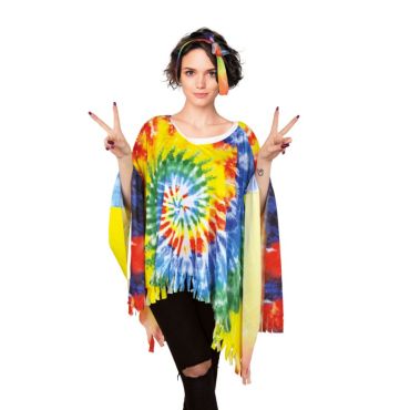 Poncho hippie multicolore tie & dye porté avec un bandeau assorti | jourdefete.com Poncho hippie multicolore tie & dye porté avec un bandeau assorti | jourdefete.com
