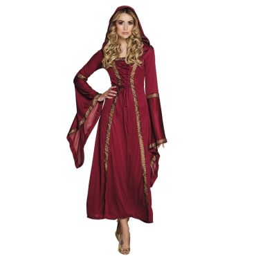 Déguisement médiéval pour femme avec longue robe bordeaux à capuche et manches évasées décorées de galons dorés | jourdefete.com Déguisement médiéval pour femme avec longue robe bordeaux à capuche et manches évasées décorées de galons dorés | jourdefete.com
