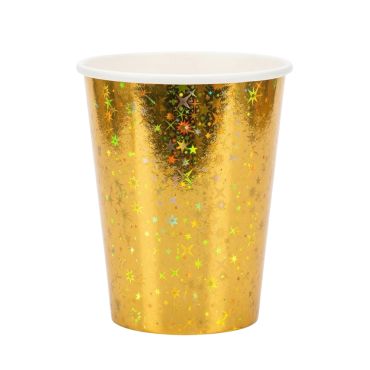Gobelets en carton dorés avec motifs étoiles holographiques pour décoration de fête | jourdefete.com Gobelets en carton dorés avec motifs étoiles holographiques pour décoration de fête | jourdefete.com
