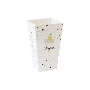 Boîtes à popcorn Joyeux Anniversaire blanches et dorées | jourdefete.com Boîtes à popcorn Joyeux Anniversaire blanches et dorées | jourdefete.com