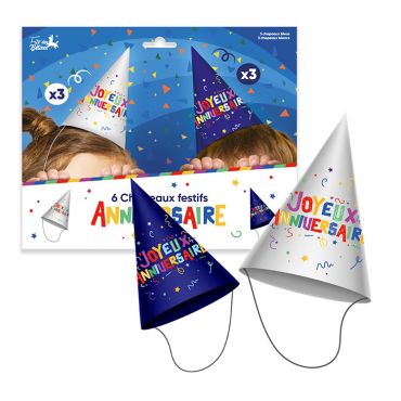 Lot de 6 chapeaux pointus en carton joyeux anniversaire multicolores bleus et blancs pour enfant | jourdefete.com