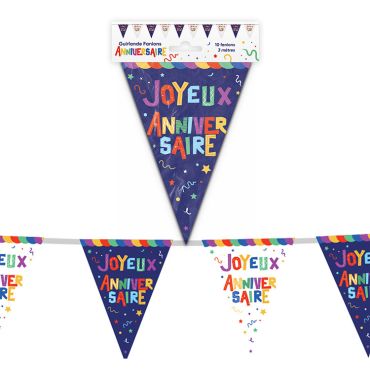 Guirlande de 10 fanions Joyeux Anniversaire multicolores sur fond bleu marine pour décoration de salle | jourdefete.com Guirlande de 10 fanions Joyeux Anniversaire multicolores sur fond bleu marine pour décoration de salle | jourdefete.com