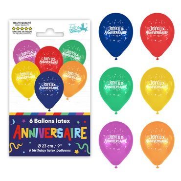 Sachet de 6 ballons en latex multicolores avec inscription Joyeux Anniversaire | jourdefete.com Sachet de 6 ballons en latex multicolores avec inscription Joyeux Anniversaire | jourdefete.com
